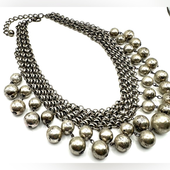Old Silver Tone Bib Necklace with Dangling Balls-Statement Necklace - Picture 2 of 10
